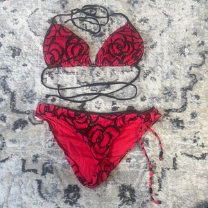 H&M Red Black Beaded Rose Bikini Set Triangle Top Tie Bottom Size 6 / 14